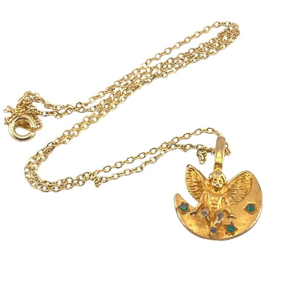 Vintage Gold-Tone Angel Pendant Necklace With Green Accents On 16" Chain - Picture 2 of 6